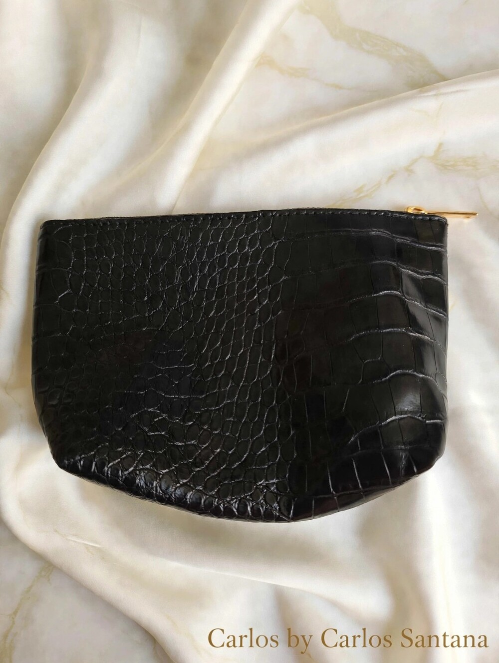 Carlos by Carlos Santana Black Faux Croc Makeup Bag With Gold Zip - Clean Inside
